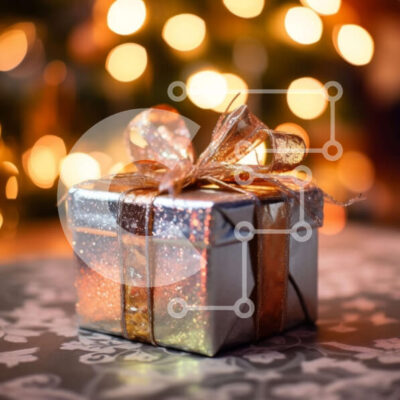 Intra Συλλεκτικό Ξύλινο Παζλ Plywood  4mm - Ασημένιο κουτί δώρου με χρυσή κορδέλα και χριστουγεννιάτικα λαμπάκια Σε Ξύλινο Κουτί - Διαστάσεις: 10x10 cm – 25 κομμάτια - Image 1