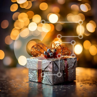 Intra Συλλεκτικό Ξύλινο Παζλ Plywood  4mm - Όμορφη εικόνα ενός ασημένιου κουτιού δώρου με φιόγκο στο τραπέζι μπροστά από το χριστουγεννιάτικο δέντρο Σε Ξύλινο Κουτί - Διαστάσεις: 10x10 cm – 25 κομμάτια - Image 1