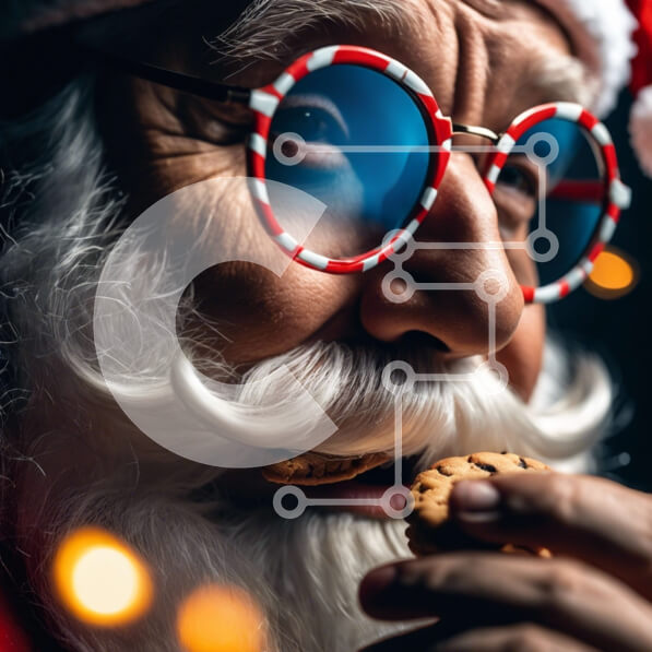 Intra Συλλεκτικό Ξύλινο Παζλ Plywood  4mm - Κοντινό πλάνο του Άγιου Βασίλη που φοράει γυαλιά και τρώει μπισκότα Σε Ξύλινο Κουτί - Διαστάσεις: 10x10 cm – 25 κομμάτια