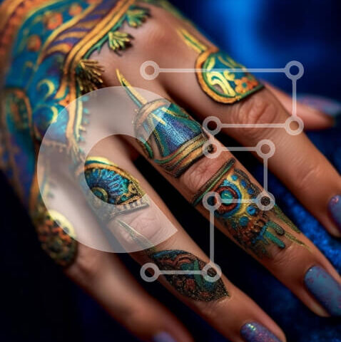 Intra Συλλεκτικό Ξύλινο Παζλ Plywood 4mm - Περίπλοκα σχέδια χέννας σε γυναικείο χέρι σε μπλε, πράσινο και χρυσό Σε Ξύλινο Κουτί - Διαστάσεις Puzzle: 10x10 cm – 25 κομμάτια - Image 1