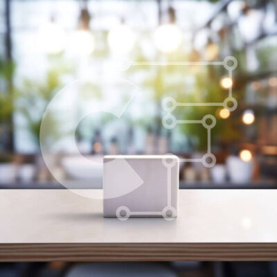 Intra Συλλεκτικό Ξύλινο Παζλ Plywood 4mm - Κενό λευκό κουτί σε ξύλινο τραπέζι με θέα στην πόλη Σε Ξύλινο Κουτί - Διαστάσεις: 10x10 cm – 25 κομμάτια - Image 1