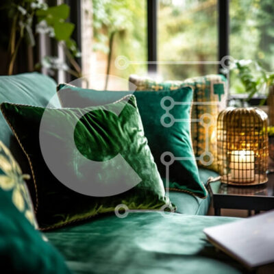 Intra Συλλεκτικό Ξύλινο Παζλ Plywood  4mm - Άνετο σαλόνι με πράσινο καναπέ και διακοσμητικά μαξιλάρια Σε Ξύλινο Κουτί - Διαστάσεις Puzzle: 10x10 cm – 25 κομμάτια - Image 1