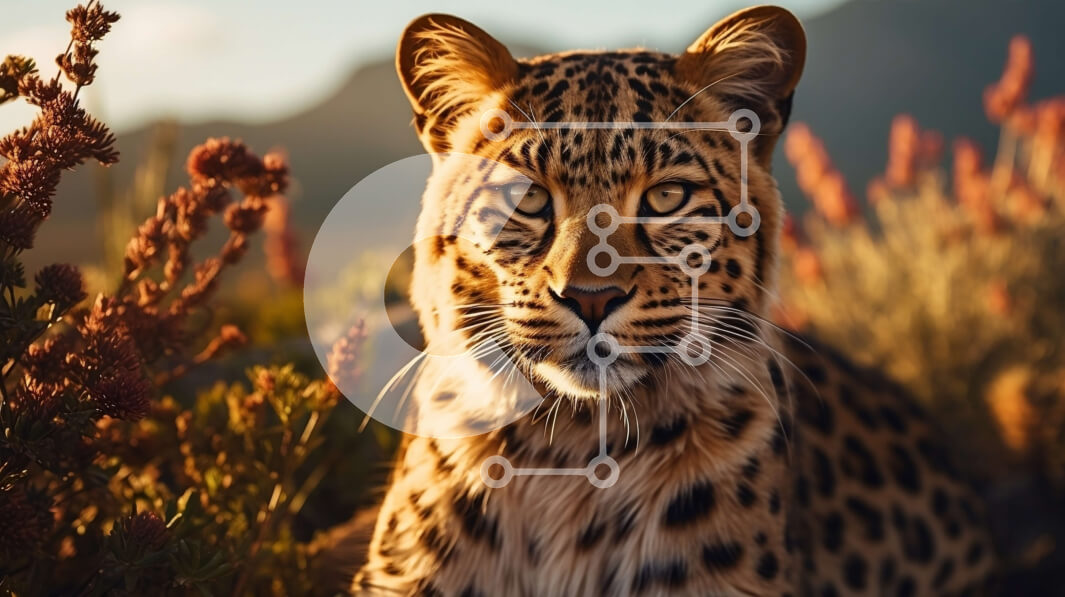 Intra Συλλεκτικό Ξύλινο Παζλ Plywood  4mm - Λεοπάρδαλη κάθεται σε χλοώδη περιοχή με βουνά στο βάθος Σε Ξύλινο Κουτί - Διαστάσεις: 10x10 cm – 25 κομμάτια