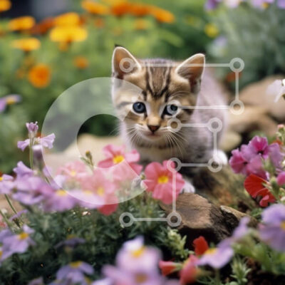 Intra Συλλεκτικό Ξύλινο Παζλ Plywood  4mm - Αξιολάτρευτη εικόνα ενός γατάκι που περιβάλλεται από πολύχρωμα λουλούδια Σε Ξύλινο Κουτί - Διαστάσεις: 10x10 cm – 25 κομμάτια - Image 1