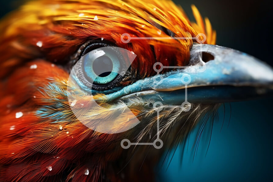 Intra Συλλεκτικό Ξύλινο Παζλ Plywood  4mm - Κοντινό πλάνο του κεφαλιού ενός πολύχρωμου πουλιού με μπλε μάτια Σε Ξύλινο Κουτί - Διαστάσεις: 10x10 cm – 25 κομμάτια