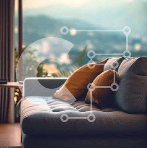 Intra Συλλεκτικό Ξύλινο Παζλ Plywood 4mm - Κομψό σαλόνι με γκρι καναπέ και θέα στο βουνό Σε Ξύλινο Κουτί - Διαστάσεις Puzzle: 10x10 cm – 25 κομμάτια - Image 1