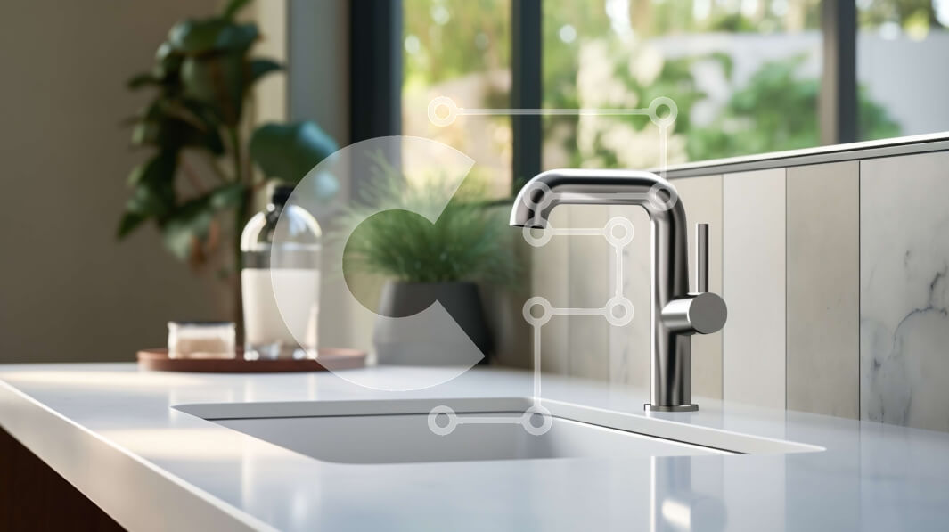 Intra Συλλεκτικό Ξύλινο Παζλ Plywood  4mm - Μοντέρνος νεροχύτης μπάνιου με λευκό πάγκο και βρύση χρωμίου Σε Ξύλινο Κουτί - Διαστάσεις Puzzle: 10x10 cm – 25 κομμάτια