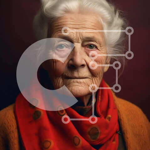 Intra Συλλεκτικό Ξύλινο Παζλ Plywood 4mm - Πορτρέτο μιας ηλικιωμένης γυναίκας που φορά ένα κόκκινο κασκόλ και πορτοκαλί σακάκι Σε Ξύλινο Κουτί - Διαστάσεις Puzzle: 10x10 cm – 25 κομμάτια - Image 1