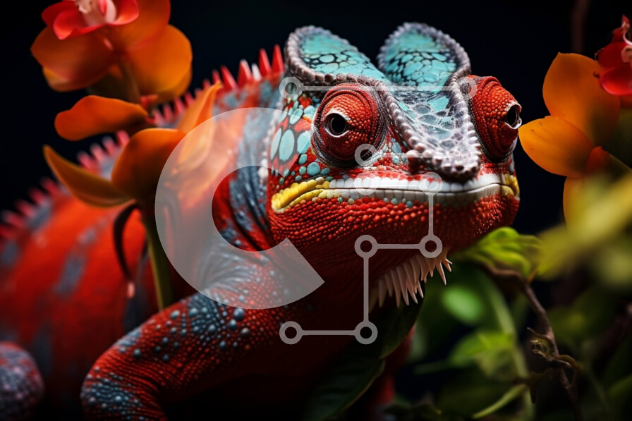 Intra Συλλεκτικό Ξύλινο Παζλ Plywood  4mm - Κόκκινος και μπλε χαμαιλέοντας σε floral φόντο Σε Ξύλινο Κουτί - Διαστάσεις: 10x10 cm – 25 κομμάτια