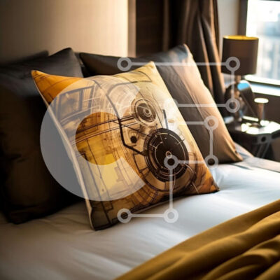 Intra Συλλεκτικό Ξύλινο Παζλ Plywood  4mm - Κίτρινο μαξιλάρι κάμερας σε ένα ασπρόμαυρο ριγέ κρεβάτι Comforter Σε Ξύλινο Κουτί - Διαστάσεις Puzzle: 10x10 cm – 25 κομμάτια - Image 1