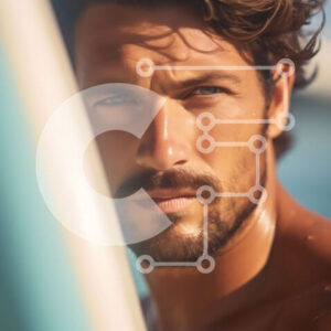 Intra Συλλεκτικό Ξύλινο Παζλ Plywood  4mm - Έντονο πορτρέτο σέρφερ σε μια παραλία με καταγάλανα νερά Σε Ξύλινο Κουτί - Διαστάσεις Puzzle: 10x10 cm – 25 κομμάτια