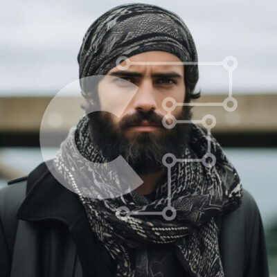 Intra Συλλεκτικό Ξύλινο Παζλ Plywood  4mm - Κομψό πορτρέτο ενός άνδρα με γένια και κασκόλ κοντά σε μια γέφυρα Σε Ξύλινο Κουτί - Διαστάσεις Puzzle: 10x10 cm – 25 κομμάτια - Image 1