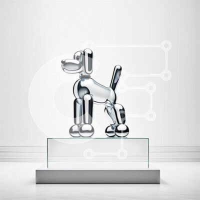 Intra Συλλεκτικό Ξύλινο Παζλ Plywood 4mm - Όμορφο ασημένιο άγαλμα σκύλου σε διάφανη γυάλινη βάση Σε Ξύλινο Κουτί - Διαστάσεις: 10x10 cm – 25 κομμάτια - Image 1