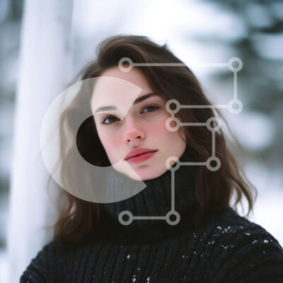 Intra Συλλεκτικό Ξύλινο Παζλ Plywood  4mm - Γυναίκα σε ένα χιονισμένο τοπίο που φορά ένα σκούρο πουλόβερ με ζιβάγκο Σε Ξύλινο Κουτί - Διαστάσεις Puzzle: 10x10 cm – 25 κομμάτια - Image 1