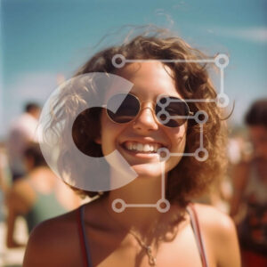 Intra Συλλεκτικό Ξύλινο Παζλ Plywood  4mm - Νεαρή γυναίκα με μπικίνι και σορτς που χαμογελά στην κάμερα στην παραλία Σε Ξύλινο Κουτί - Διαστάσεις Puzzle: 10x10 cm – 25 κομμάτια