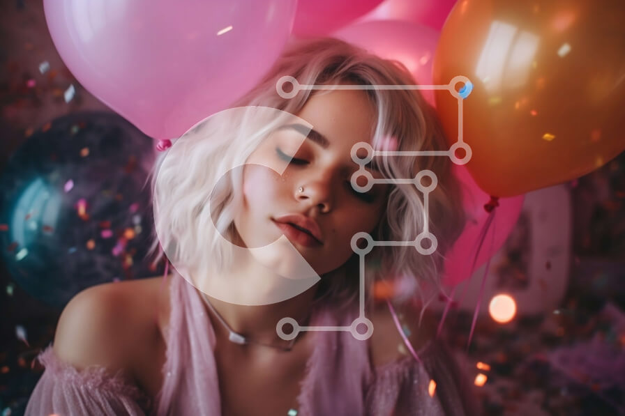 Intra Συλλεκτικό Ξύλινο Παζλ Plywood  4mm - Όμορφη εικόνα μιας νεαρής γυναίκας με μπαλόνια στο φόντο Σε Ξύλινο Κουτί - Διαστάσεις Puzzle: 10x10 cm – 25 κομμάτια