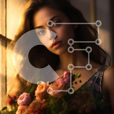 Intra Συλλεκτικό Ξύλινο Παζλ Plywood 4mm - Όμορφη νεαρή γυναίκα που κρατά μπουκέτο με ροζ και λευκά τριαντάφυλλα μπροστά από ένα παράθυρο Σε Ξύλινο Κουτί - Διαστάσεις Puzzle: 10x10 cm – 25 κομμάτια - Image 1