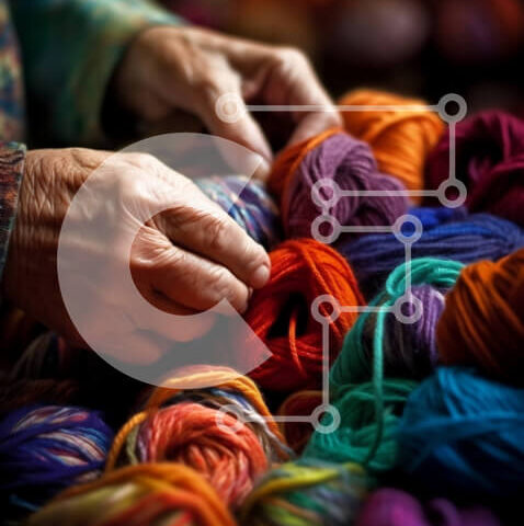 Intra Συλλεκτικό Ξύλινο Παζλ Plywood 4mm - Όμορφη εικόνα ηλικιωμένων χεριών που πλέκουν με πολύχρωμη μπάλα νήματος Σε Ξύλινο Κουτί - Διαστάσεις Puzzle: 10x10 cm – 25 κομμάτια - Image 1