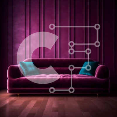 Intra Συλλεκτικό Ξύλινο Παζλ Plywood  4mm - Άνετος μωβ καναπές σε ένα σκοτεινό δωμάτιο με μπλε μαξιλάρια Σε Ξύλινο Κουτί - Διαστάσεις Puzzle: 10x10 cm – 25 κομμάτια - Image 1