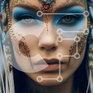 Intra Συλλεκτικό Ξύλινο Παζλ Plywood  4mm - Εκπληκτική εικόνα γυναίκας που φορά περίπλοκο μπλε και χρυσό κάλυμμα κεφαλής και μακιγιάζ Σε Ξύλινο Κουτί - Διαστάσεις Puzzle: 10x10 cm – 25 κομμάτια