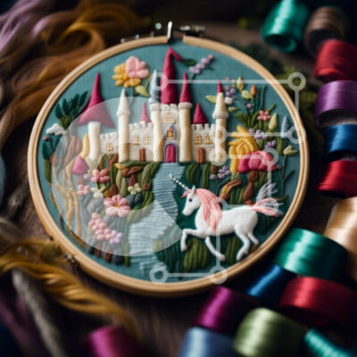 Intra Συλλεκτικό Ξύλινο Παζλ Plywood  4mm - Κεντημένο Κάστρο με Μονόκερο σε Ξύλινο Στεφάνι - Πολύχρωμο Έργο Τέχνης Σε Ξύλινο Κουτί - Διαστάσεις Puzzle: 10x10 cm – 25 κομμάτια - Image 1