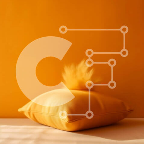 Intra Συλλεκτικό Ξύλινο Παζλ Plywood  4mm - Όμορφη εικόνα ενός κίτρινου μαξιλαριού με αφράτο πομ-πον σε λευκό τραπέζι μπροστά από φωτεινό πορτοκαλί τοίχο Σε Ξύλινο Κουτί - Διαστάσεις Puzzle: 10x10 cm – 25 κομμάτια - Image 1