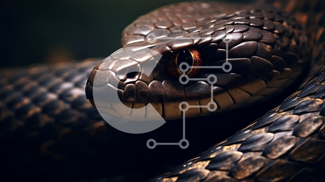 Intra Συλλεκτικό Ξύλινο Παζλ Plywood  4mm - Κοντινή εικόνα ενός μαύρου φιδιού με ένα πορτοκαλί μάτι Σε Ξύλινο Κουτί - Διαστάσεις: 10x10 cm – 25 κομμάτια