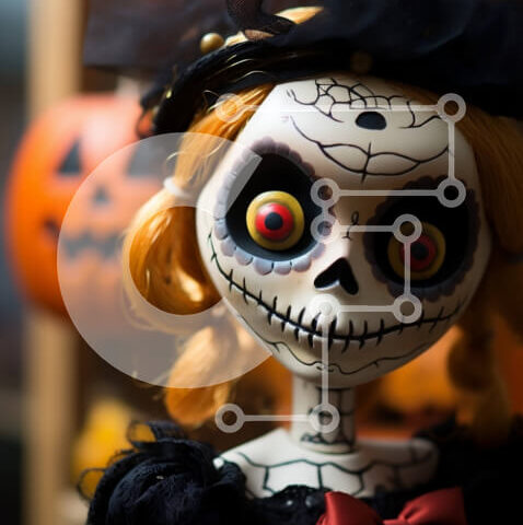 Intra Συλλεκτικό Ξύλινο Παζλ Plywood 4mm - Κούκλα αποκριάτικου κρανίου ζάχαρης με κολοκύθες και διακοσμητικά Σε Ξύλινο Κουτί - Διαστάσεις Puzzle: 10x10 cm – 25 κομμάτια - Image 1