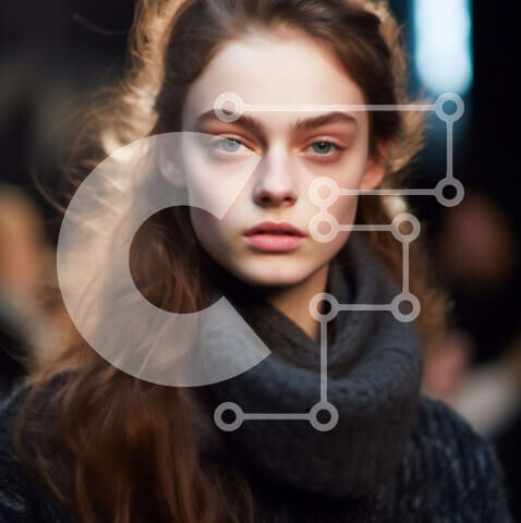 Intra Συλλεκτικό Ξύλινο Παζλ Plywood  4mm - Σοβαρό μοντέλο με μακριά καστανά μαλλιά στην πασαρέλα με μαύρο πουλόβερ και κασκόλ Σε Ξύλινο Κουτί - Διαστάσεις Puzzle: 10x10 cm – 25 κομμάτια - Image 1