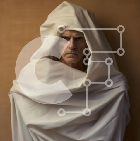 Intra Συλλεκτικό Ξύλινο Παζλ Plywood 4mm - Άτομο με την άσπρη ρόμπα με την κουκούλα που στέκεται μπροστά από τον μπεζ τοίχο Στοκ Φωτογραφία Σε Ξύλινο Κουτί - Διαστάσεις Puzzle: 10x10 cm – 25 κομμάτια - Image 1