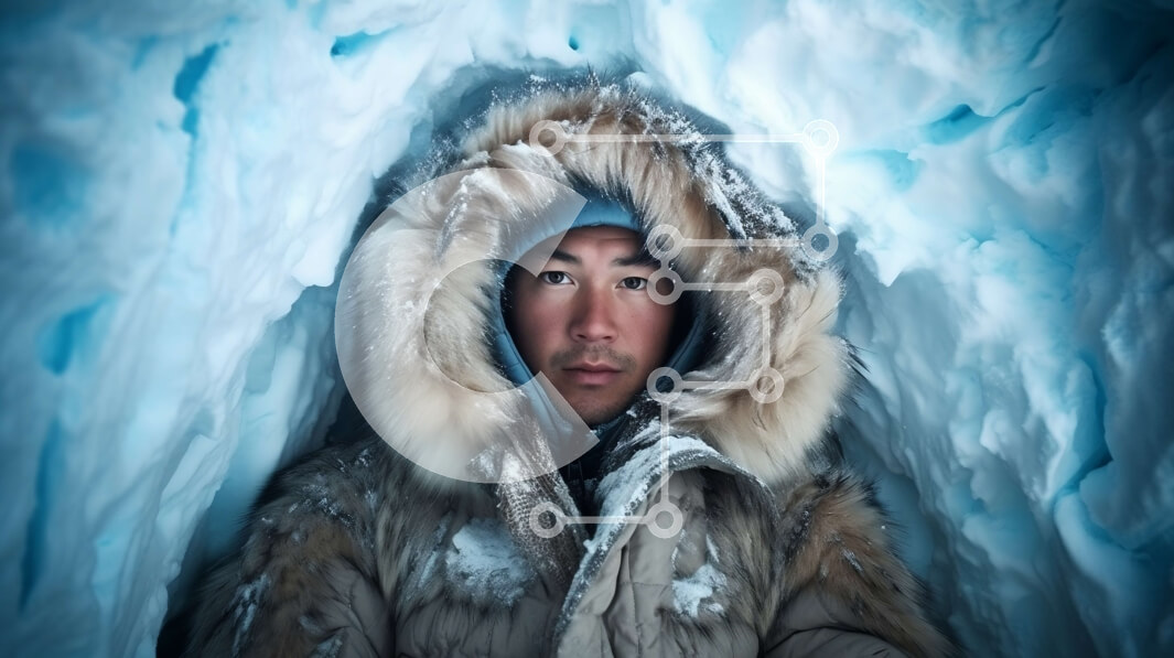 Intra Συλλεκτικό Ξύλινο Παζλ Plywood  4mm - Κομψός άνδρας με γούνινο παλτό ποζάρει μπροστά από το Majestic Ice Cave Σε Ξύλινο Κουτί - Διαστάσεις: 10x10 cm – 25 κομμάτια