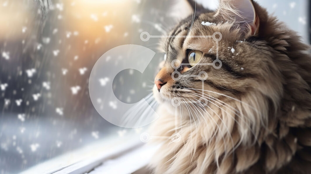 Intra Συλλεκτικό Ξύλινο Παζλ Plywood  4mm - Αφράτη γάτα που κοιτάζει έξω από το παράθυρο στο χιόνι που πέφτει Σε Ξύλινο Κουτί - Διαστάσεις: 10x10 cm – 25 κομμάτια