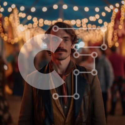 Intra Συλλεκτικό Ξύλινο Παζλ Plywood  4mm - Σοβαρός άνδρας με μουστάκι που στέκεται μπροστά από τη σκηνή με φώτα χορδών Σε Ξύλινο Κουτί - Διαστάσεις Puzzle: 10x10 cm – 25 κομμάτια - Image 1