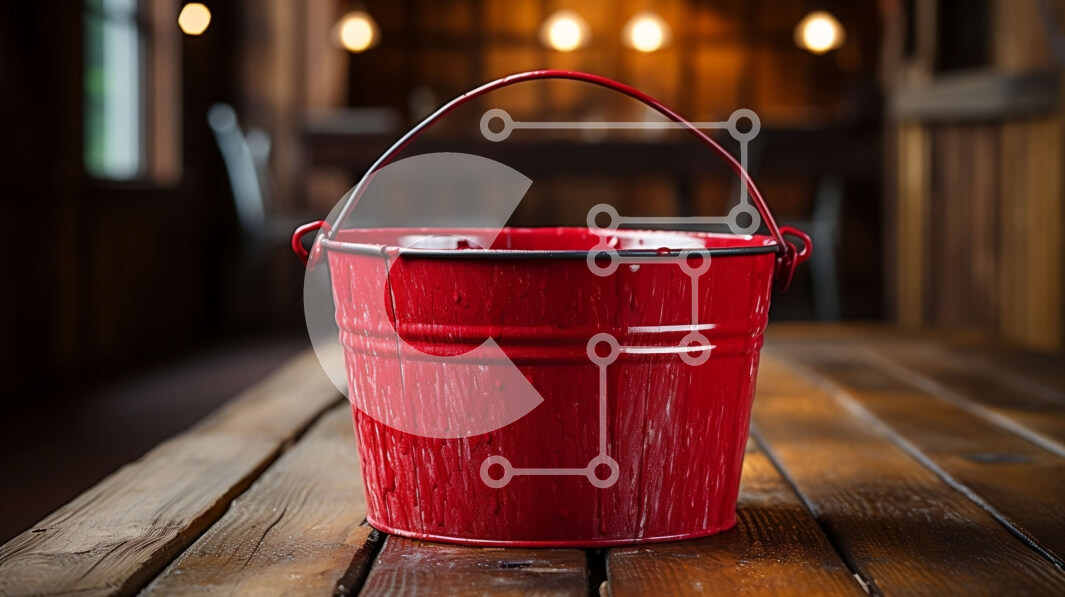 Intra Συλλεκτικό Ξύλινο Παζλ Plywood  4mm - Εκπληκτική εικόνα ενός κόκκινου μεταλλικού κουβά σε ένα ξύλινο τραπέζι Σε Ξύλινο Κουτί - Διαστάσεις: 10x10 cm – 25 κομμάτια