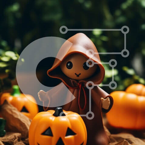 Intra Συλλεκτικό Ξύλινο Παζλ Plywood  4mm - Πορτοκαλί φιγούρα με κουκούλα που κάθεται σε κολοκύθες Σε Ξύλινο Κουτί - Διαστάσεις Puzzle: 10x10 cm – 25 κομμάτια - Image 1