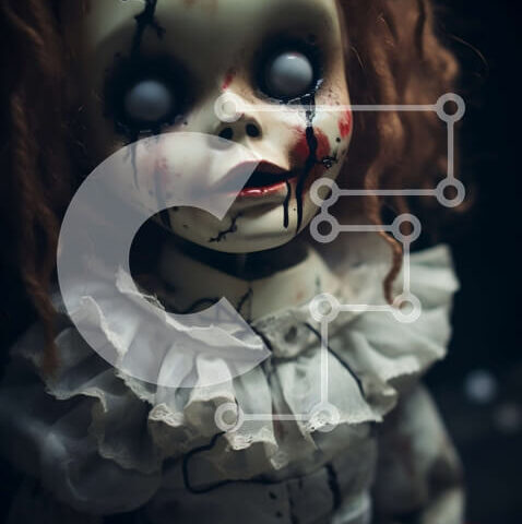 Intra Συλλεκτικό Ξύλινο Παζλ Plywood  4mm - Ταλαιπωρημένη ανατριχιαστική κούκλα με καστανοκόκκινα μαλλιά και ματωμένα μάτια Σε Ξύλινο Κουτί - Διαστάσεις Puzzle: 10x10 cm – 25 κομμάτια - Image 1