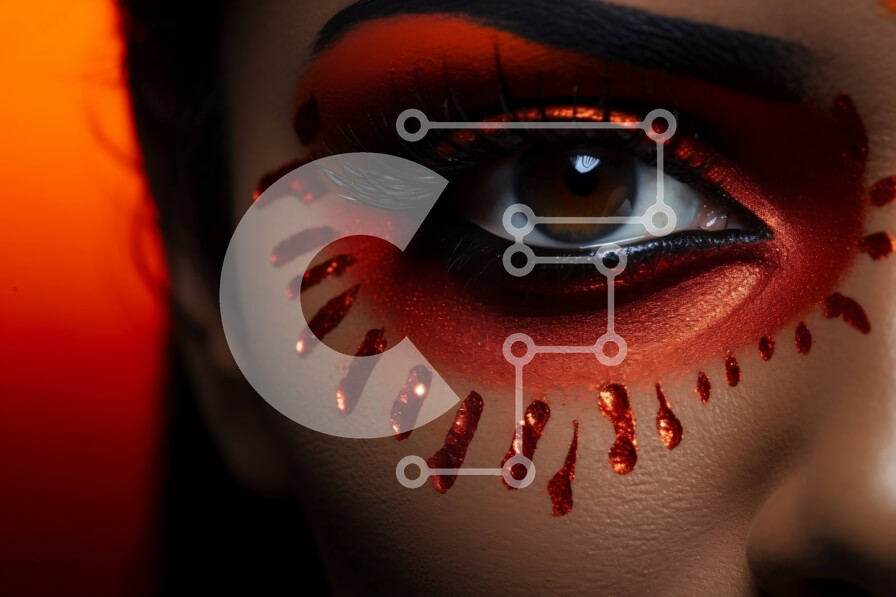 Intra Συλλεκτικό Ξύλινο Παζλ Plywood  4mm - Κοντινό πλάνο γυναίκας με κόκκινο και πορτοκαλί αποκριάτικο μακιγιάζ Σε Ξύλινο Κουτί - Διαστάσεις Puzzle: 10x10 cm – 25 κομμάτια