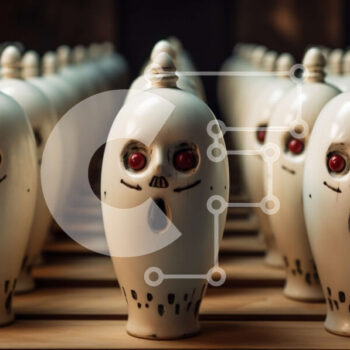 Intra Συλλεκτικό Ξύλινο Παζλ Plywood  4mm - Σειρά από κεραμικά κρανία με κόκκινα μάτια σε ξύλινη επιφάνεια Σε Ξύλινο Κουτί - Διαστάσεις Puzzle: 10x10 cm – 25 κομμάτια - Image 1