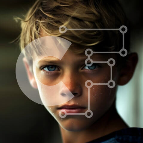 Intra Συλλεκτικό Ξύλινο Παζλ Plywood  4mm - Σοβαρό πορτρέτο νεαρού αγοριού με ξανθά μαλλιά και μπλε μάτια μπροστά από τον τοίχο γκράφιτι Σε Ξύλινο Κουτί - Διαστάσεις Puzzle: 10x10 cm – 25 κομμάτια - Image 1