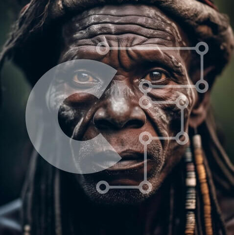 Intra Συλλεκτικό Ξύλινο Παζλ Plywood  4mm - Πορτρέτο σοβαρού ηλικιωμένου άνδρα με χάντρες και φτερά Σε Ξύλινο Κουτί - Διαστάσεις Puzzle: 10x10 cm – 25 κομμάτια - Image 1