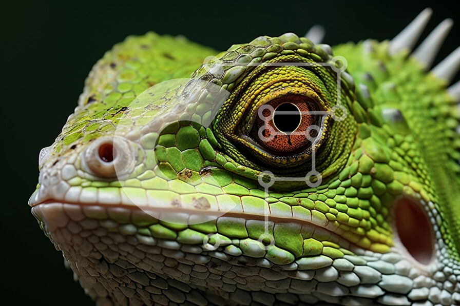 Intra Συλλεκτικό Ξύλινο Παζλ Plywood  4mm - Κοντινό πλάνο του κεφαλιού μιας σαύρας με πράσινο σώμα και κίτρινα μάτια Σε Ξύλινο Κουτί - Διαστάσεις: 10x10 cm – 25 κομμάτια