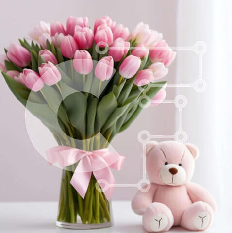 Intra Συλλεκτικό Ξύλινο Παζλ Plywood  4mm - Ροζ τουλίπες σε βάζο με αρκουδάκι Σε Ξύλινο Κουτί - Διαστάσεις: 10x10 cm – 25 κομμάτια - Image 1