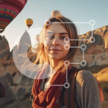 Intra Συλλεκτικό Ξύλινο Παζλ Plywood  4mm - Νεαρή γυναίκα που στέκεται μπροστά από μπαλόνια ζεστού αέρα Σε Ξύλινο Κουτί - Διαστάσεις Puzzle: 10x10 cm – 25 κομμάτια - Image 1