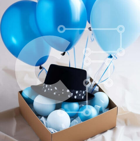 Intra Συλλεκτικό Ξύλινο Παζλ Plywood 4mm - Ρύθμιση γιορτής με μπλε μπαλόνια και καπέλο Σε Ξύλινο Κουτί - Διαστάσεις Puzzle: 10x10 cm – 25 κομμάτια - Image 1