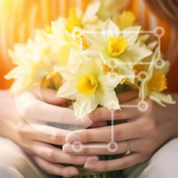 Intra Συλλεκτικό Ξύλινο Παζλ Plywood  4mm - Γυναίκα που κρατά φρέσκους κίτρινους νάρκισσους Σε Ξύλινο Κουτί - Διαστάσεις Puzzle: 10x10 cm – 25 κομμάτια - Image 1