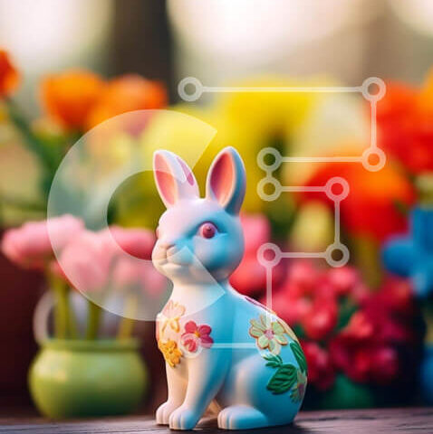 Intra Συλλεκτικό Ξύλινο Παζλ Plywood  4mm - Λευκό ειδώλιο λαγουδάκι που περιβάλλεται από πολύχρωμες γλάστρες με λουλούδια Σε Ξύλινο Κουτί - Διαστάσεις: 10x10 cm – 25 κομμάτια - Image 1