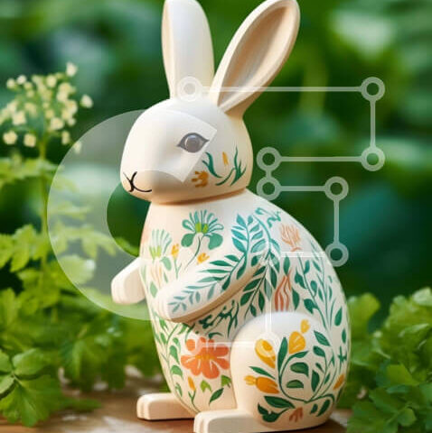 Intra Συλλεκτικό Ξύλινο Παζλ Plywood  4mm - Λευκό ειδώλιο λαγουδάκι σε πράσινα φυτά Σε Ξύλινο Κουτί - Διαστάσεις Puzzle: 10x10 cm – 25 κομμάτια - Image 1