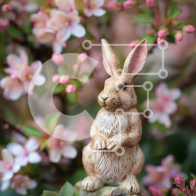 Intra Συλλεκτικό Ξύλινο Παζλ Plywood  4mm - Άγαλμα λαγουδάκι και ροζ λουλούδια σε έναν κήπο Σε Ξύλινο Κουτί - Διαστάσεις: 10x10 cm – 25 κομμάτια - Image 1