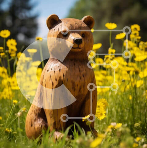 Intra Συλλεκτικό Ξύλινο Παζλ Plywood  4mm - Ξύλινο άγαλμα αρκούδας σε ανοιχτό χωράφι με κίτρινα λουλούδια Σε Ξύλινο Κουτί - Διαστάσεις: 10x10 cm – 25 κομμάτια - Image 1