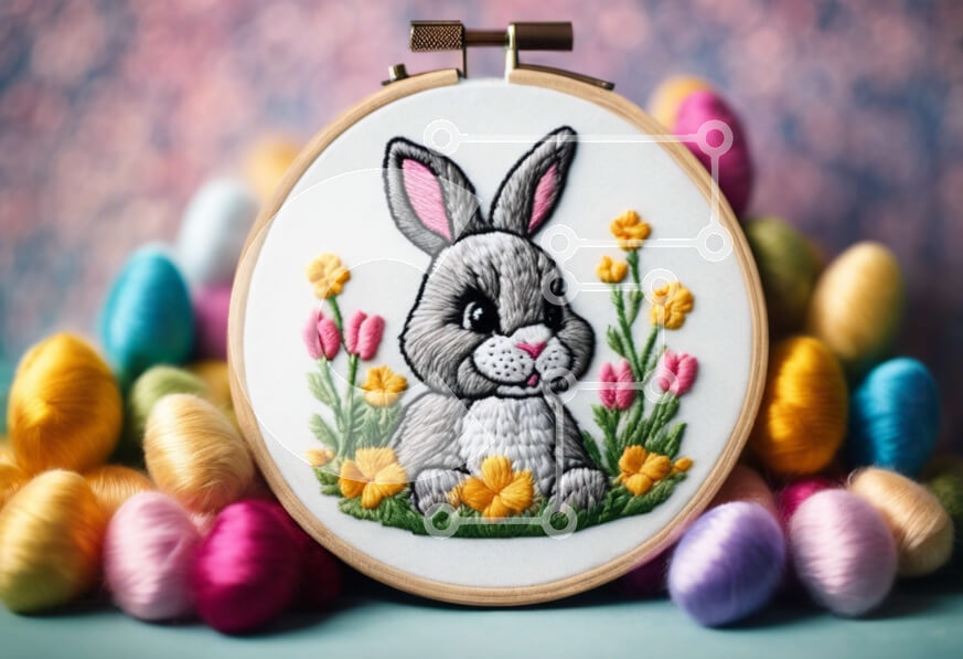 Intra Συλλεκτικό Ξύλινο Παζλ Plywood  4mm - Κέντημα τσέρκι με πασχαλινό λαγουδάκι και αυγά Σε Ξύλινο Κουτί - Διαστάσεις Puzzle: 10x10 cm – 25 κομμάτια